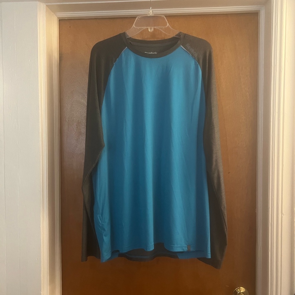 Reebok Men’s Play Dry Blue and Dark Gray Crewneck Long Sleeve Shirt